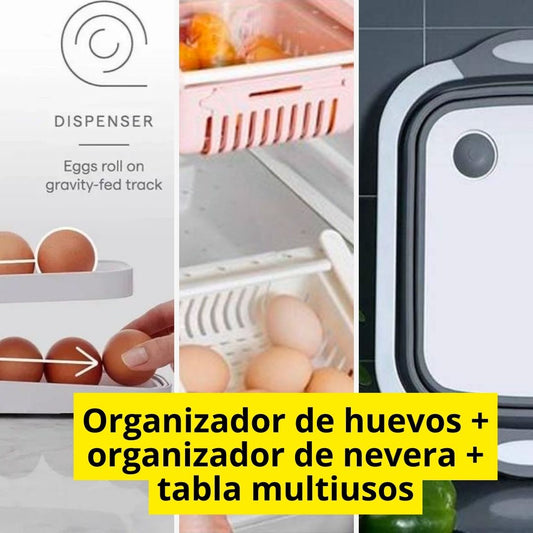 Kit organizador de huevos + tabla multiusos + organizador de nevera